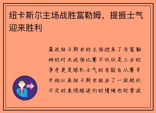 纽卡斯尔主场战胜富勒姆，提振士气迎来胜利