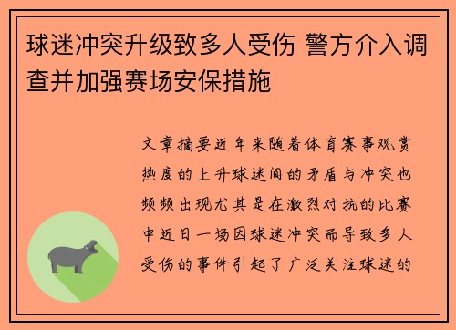球迷冲突升级致多人受伤 警方介入调查并加强赛场安保措施