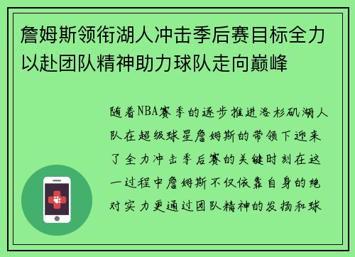 詹姆斯领衔湖人冲击季后赛目标全力以赴团队精神助力球队走向巅峰
